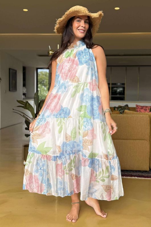 Made In Italy Paradise In Bloom Tiered Long Dress Sky And Rose /20 =